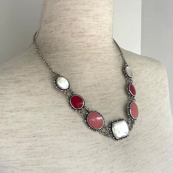 Sterling Silver 925 Chunky Mother Of Pearl Pink Red Rolo Chain Panel Necklace - Picture 3 of 16